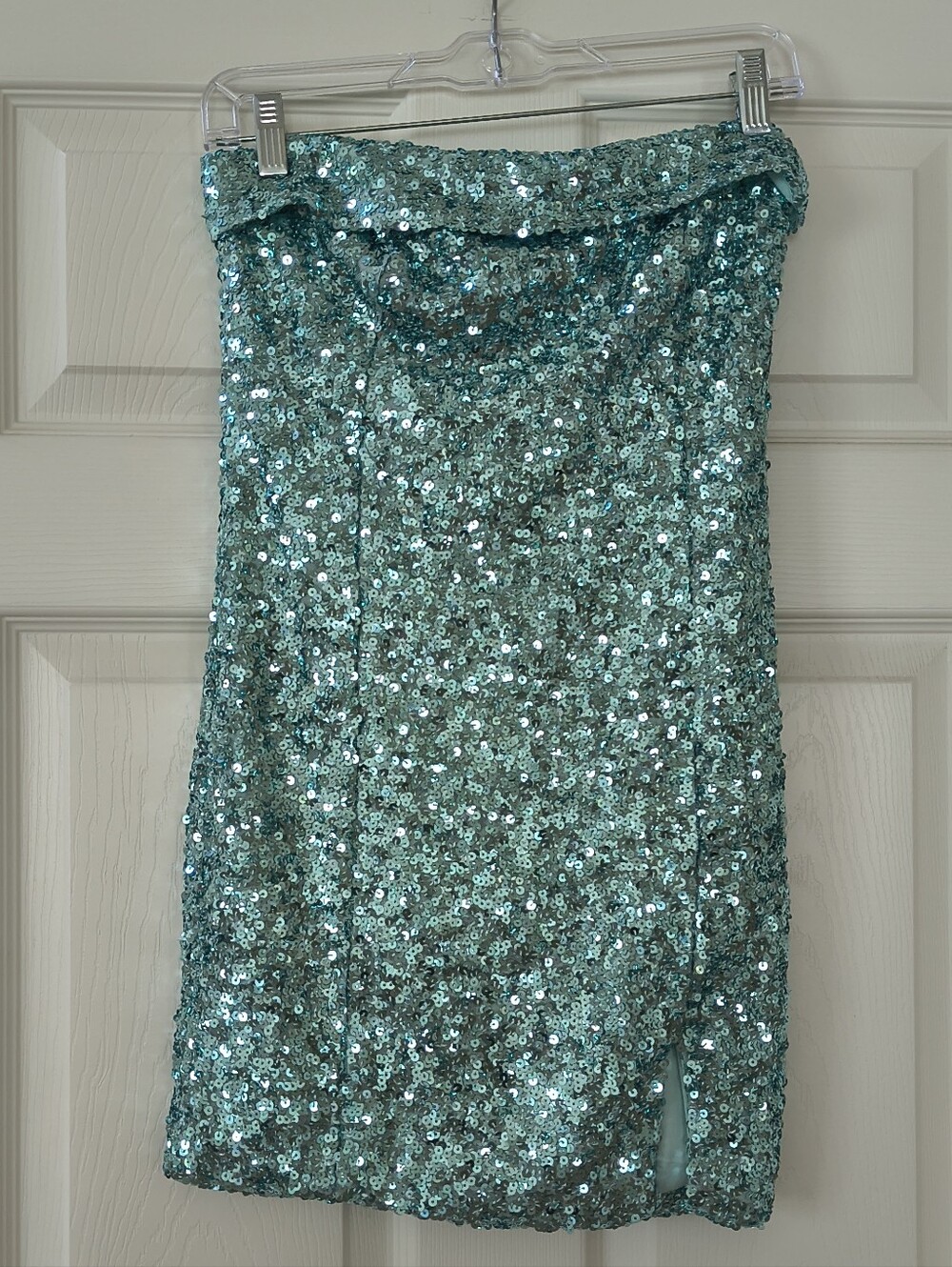 American Threads Aqua Foldover Sequin Cocktail Mini Dress | Size S